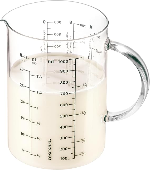 Tescoma Delicia Glass Measuring Jug 1 Litre Made of Heat-Resistant Borosilicate Glass Large glass measuring cup with handle and pourer suitable for microwave electric gas stove and refrigerator