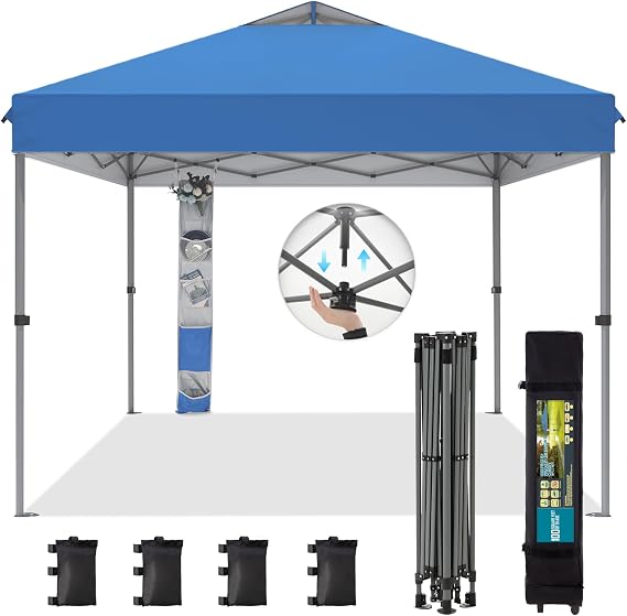 GREEN PARTY 10x10 ft Pop Up Canopy Tent, 1-Person Setup Instant Outdoor Canopy with Vented Top, Wheeled Carry Bag, 4 Ropes & 4 Sandbag -Blue