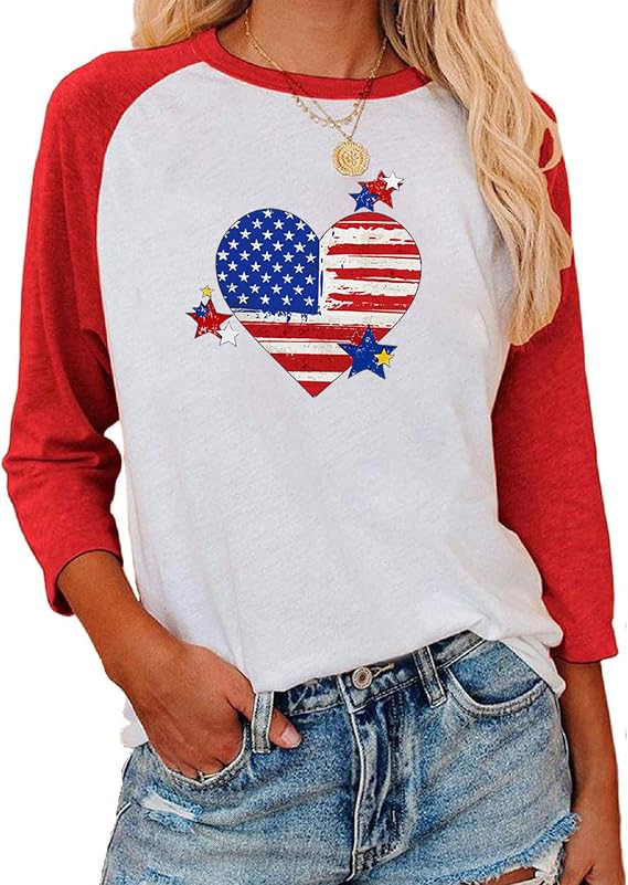 Womens Baseball Printed Shirt 3/4 Sleeve July 4th Patriotic Tops