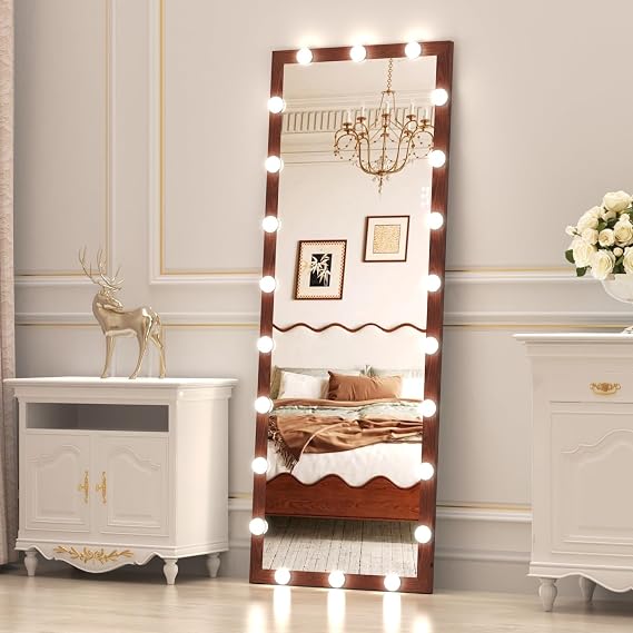 Full Length Mirror with Lights 63" x 24", Full Body Mirror with Lights,with 22 Dimmable LED Bulbs, Standing/Wall-Mounted/Floor/Makeup, with Dimming & 3 Color Lighting (BrownA-63''x24'')