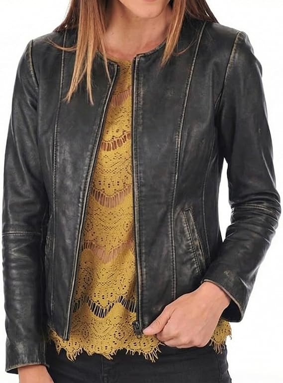 Womens Leather Jacket - Real Lambskin Cafe Racer Style Leather Jackets For Women