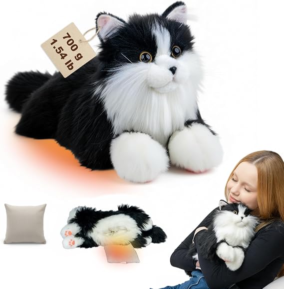 Weighted Heated & Cooling Cat Plush Toy, 1.5lb 21-Inch Realistic Black Cat Stuffed Animal with Removable Microwavable Heat Pack-Not Filled with Flaxseed & Unscented, Comfort for Kids & Adults