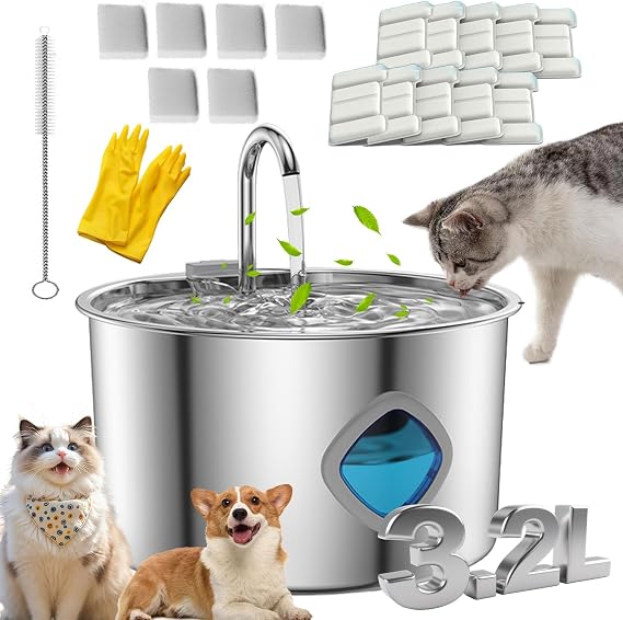 Cat Fountain, 3.2L/108oz Stainless Steel Water Fountain, 2026 Upgraded Water Fountain with Silent Pump 4-Stage Filtration for Dogs and Cats (with 10 Filter Element, 3.2L)