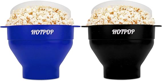 The Orginal HotPop Silicone Popcorn Maker - Microwave Popcorn Popper with Handles - Collapsible Bowl, Heat-Resistant, Easy to Clean, Blue and Black