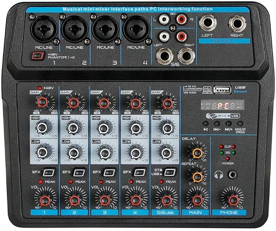 6 Channel Professional Audio Mixer Sound Board Mixing Console System Interface Digital USB Bluetooth MP3 Input 48V Phantom Power Stereo DJ Mixer AC 110V