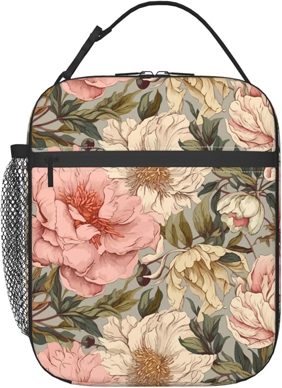 Vintage Floral Insulated Lunch Box for Women Girls Nature Lovers,Polyester Reusable Cooler Lunchbox Gifts,Retro Pink Flower and Leaf Leakproof Lunchbag for Work,Picnic,Travel,Hiking,Fishing