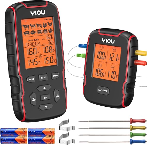 Wireless Meat Thermometer for Cooking, Digital Meat Thermometer with 4 Probes, 500FT Ultra Accurate & Fast Food Thermometer for Oven, Smoker, Red