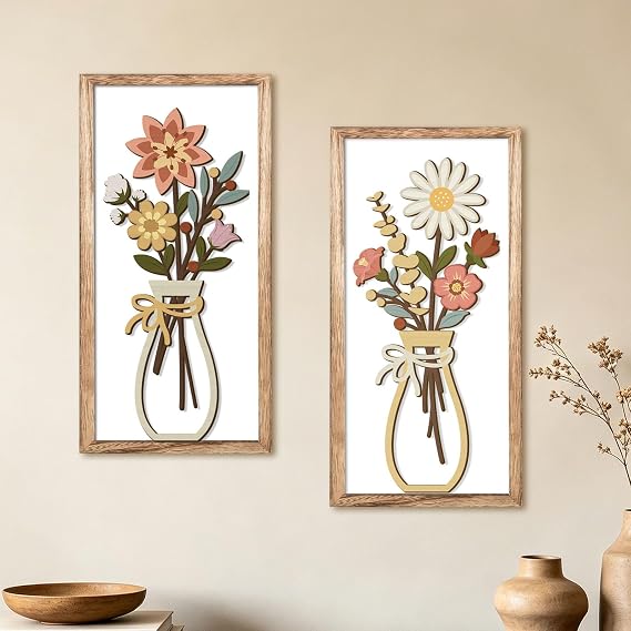 Kas Home 3D Floral Wall Art, Rustic Wood Farmhouse Flower with Vase Framed Minimalist Wall Decor for Living Room Bathroom Bedroom Office Housewarming Gift, Botanical Plaque Sculptures