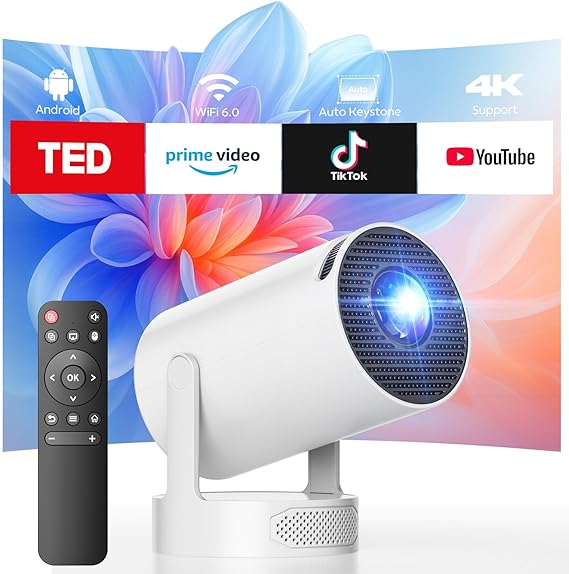 Mini Projector with WiFi and Bluetooth, Smart Portable Movie Projector 4K Support, 300 ANSI, 5W Base Speaker, 220 Rotation, Auto Vertical Keystone, Compatible with USBHDMITV StickLaptopSmartphone