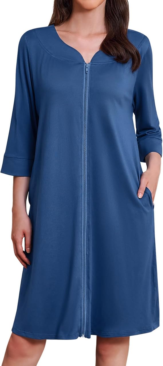 Ekouaer Zipper Robes for Women 3/4 Sleeves Housecoat Soft Nightgowns Sleepwear Mumu House Dresses with Pockets