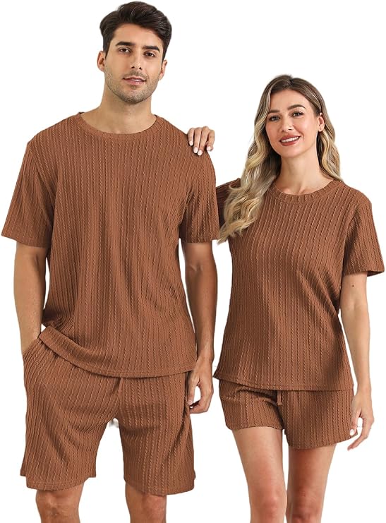 EISHOPEER Matching Pajamas for Couples Ribbed Knit Pajama Short Sleeve Soft Sleepwear 2 Piece Loungewear S-XXL