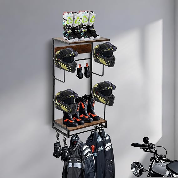 Upgrade Motorcycle Helmet Holder Wall Mount with Helmet Rack, Helmet Holder Wall Mount with Helmet Rack, 4 Glove Chips and 10 Hooks, Rustic Helmet Holder and Motorcycle Helmet Rack