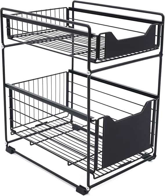 Under Sink Sliding Storage Rack Organizer 2 Tier Large Size for Kitchen Bathroom Cabinet Shelf with Pull Out Drawers Black Carbon Steel PP Material Modern Space Saving Solution​