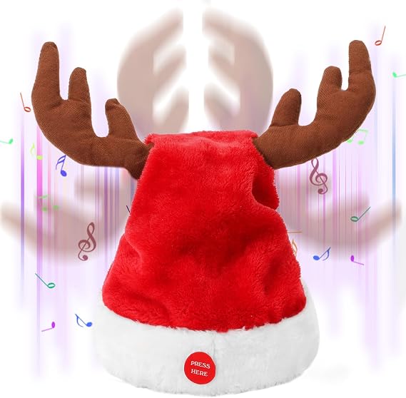 Interactive Dancing Musical Santa Hats with Swinging Reindeer Antlers, Funny Electric Singing Christmas Hat for Party Decor Adults and Kids