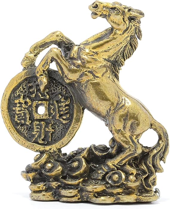 WitnyStore Tiny 138" Brass Rearing Horse with Chinese Lucky Coin and Yuanbaos Figurine Symbol of Good Luck Prosperity Animal in Asian Cultures Traditional Beliefs Miniature Collectible Figurines Gifts
