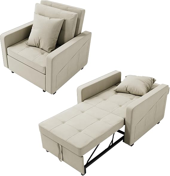 3-in-1 Pull Out Single Sofa Bed with Pillow, Cream White | 6-Level Backrest Adjustment, Practical Side Storage Pocket, Breathable Linen Guest Bed for Apartment, Easily Assembly