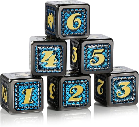 DNDND Dragon Scale D6 Meta Dice, 6 PCS Dragon Scale Metal D6 Dice with Free Black Velvet Bag for DND Pathfinder Shadowrun or GURPs (Teal Skin with Black Edge)