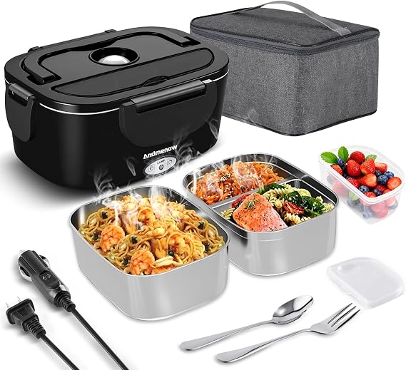 80W Electric Lunch Box food warmer for Adults, Portable Food Heater for Travel/Home/Office,12V/24V/110V Heated Lunch Box Suitable for Ideal Driver/Work/Gift, BLACK*2