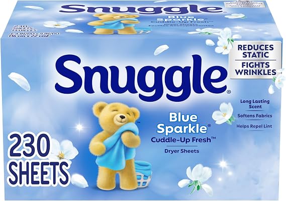 Snuggle Dryer Sheets, Blue Sparkle , 230 Count | Long-Lasting Fresh Scent, Reduces Static and Wrinkles, Repels Pet Hair and Lint, HE Dryer Compatible