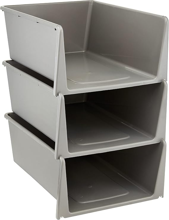 Stackable Storage Containers with Open Front, 3 Pack, Great Organizing Bins for Pantry, Closet, Bedroom, and all Storage, Grey, 15.2 x 10.6 x 6.0