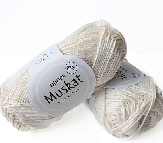 100% Cotton Yarn for Knitting and Crocheting, 3 or Light, DK, Worsted Weight, Drops Muskat, 1.8 oz 109 Yards per Ball (08 Off White)