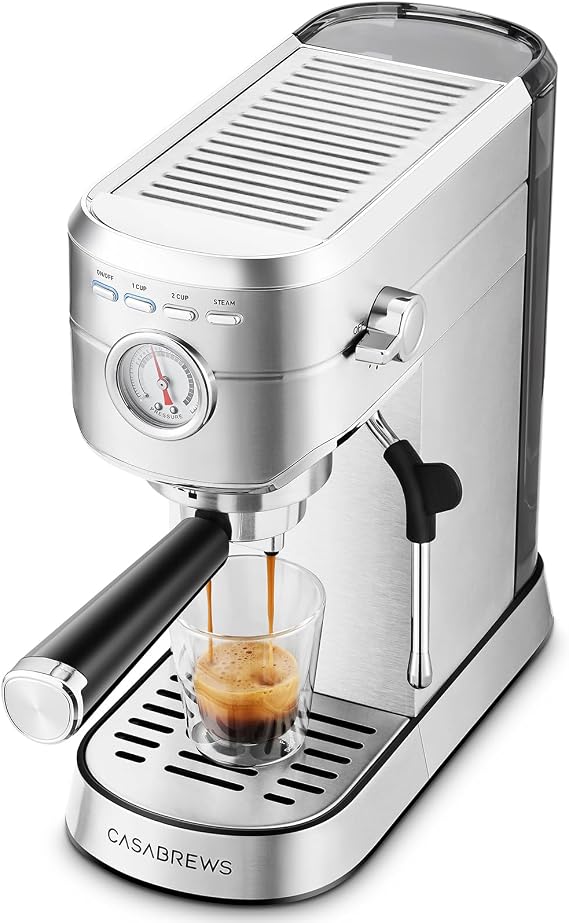 Casabrews CM5418 Compact Espresso Portafilter Machine with Milk Frother 20 bar pump foams milk for latte and cappuccino removable 1 litre tank PID and thermal block. Ideal for home and office