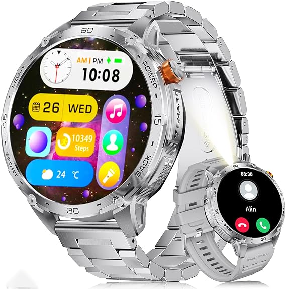 LIGE Military Smart Watch for Men, 730mAh/1.75" Large HD AMOLED Touchscreen Smartwatches with LED Flashlight for Android iOS, Fitness Tracker with 110+ Sport Modes/Heart Rate/Sleep Monitor,Silver