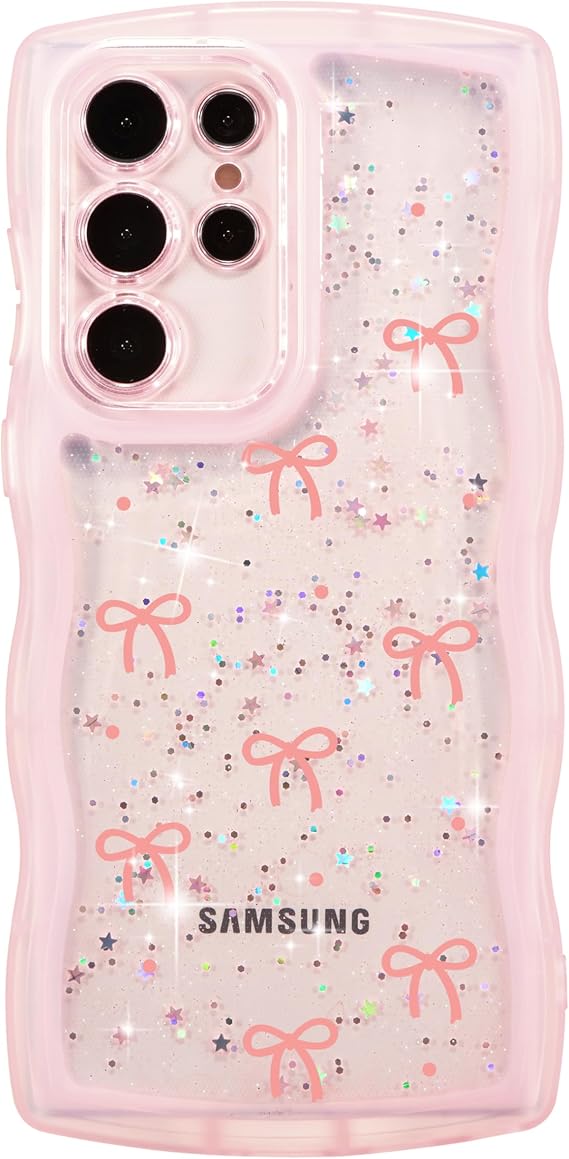 ZTOFERA for Samsung Galaxy S25 Ultra Case Glitter Star & Bow Pattern -Pink | Wavy Frame Easy to Hold | Bowknot Pattern Cute for Girl & Women | Sparkle Shinny Star | Shockproof Protective Phone Cover