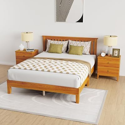PayLessHere Wood Bed Frame Queen Size Solid Wood Platform Bed Frame with Headboard Wood Slats Support No Box Spring Needed Easy Assembly,Brown