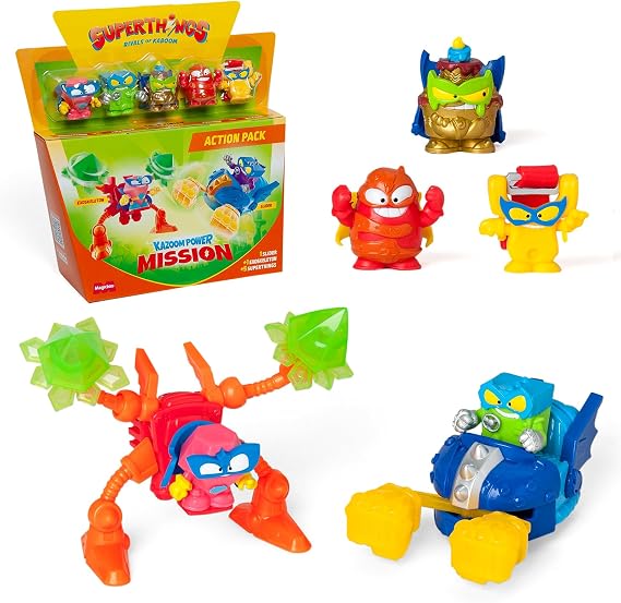 Superthings KAZOOM Power Mission - Action Pack contains 5 SuperThings (including 1 Golden Super Guide), 1 Exoskeleton, 1 Slider, 2 x 4 Pieces