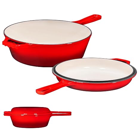 Bruntmor 2 in 1 Enameled cast iron pot with lid, 3QT Cast Iron Dutch Oven & Skillet Combo, Enameled Cast Iron Cookware with Lid, Perfect for Braising, Casseroles and Slow Cooking - Red