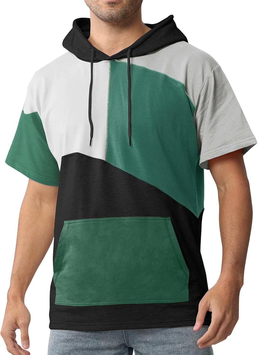 Covisoty Mens Short-Sleeved Hoodie Color Block T-Shirt Sweatshirt Hood Hip Hop Mens Hooded Shirt Short Sleeve Unisex Sweater
