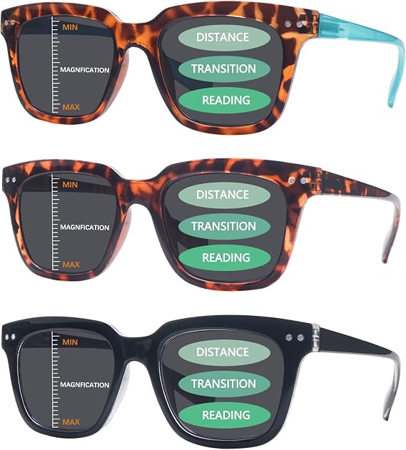 3 Pack Progressive Multifocus Reading Sunglasses for Women Men UV Protection Multifocal Top Clear Trifocal Sun Readers