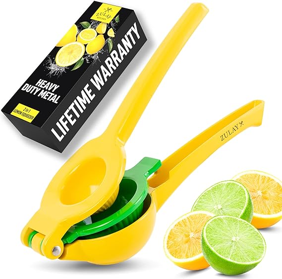 Zulay Kitchen Metal 2-In-1 Lemon Lime Squeezer - Hand Juicer Lemon Squeezer Gets Every Last Drop - Max Extraction Manual Citrus Juicer - Easy-to-Use Lemon Juicer Squeezer Lemon Squeezer Manual