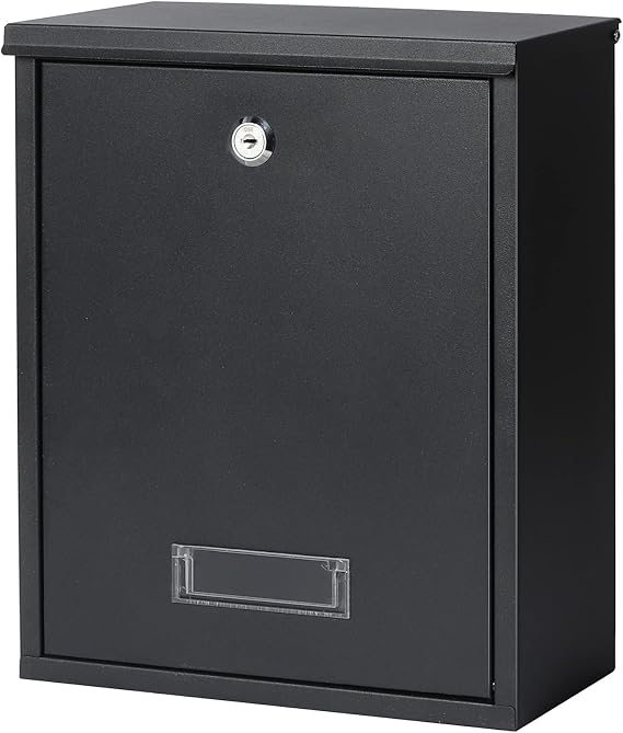 Jssmst Locking Mailbox Wall Mount Key Lock Drop Box Large Capacity with Galvanized Steel Cover and Rust-Proof Metal Post Box, Black Matt, SM-0702LK,Medium