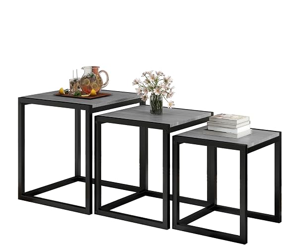 3 Piece Nesting Table Side Table Set Modern Coffee Table Stacking End Table with Metal Frame A-Square, Gray