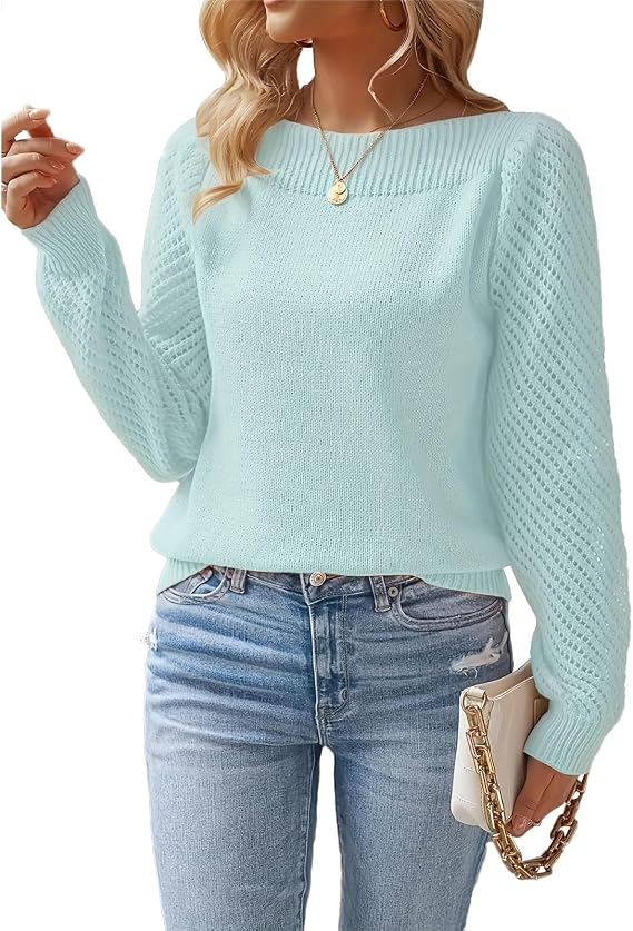Women's Sweaters Casual Long Crochet Sleeve Boat Neck Lightweight Fall Pullover Sweater Tops
