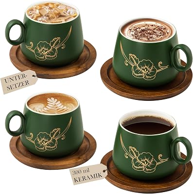 Yundu 10oz Cappuccino Cups & Wooden Saucers Set with Gold Floral Art, Latte Art Cup for Espresso, Coffee & Tea, Modern Matte Green Ceramic Tea Cup Set of 4