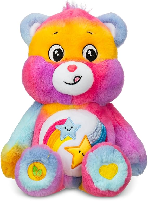 Care Bears Medium Plush Dare to Care Bear - Tie Dye Plushie for Ages 4+ Stuffed Animal, Super Soft and Cuddly Good for Girls and Boys, Employees, Collectors, Great Valentines Day Gift for Kids