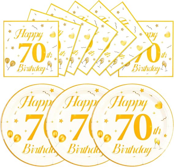 50PCS 70th Happy Birthday Plates and Napkins,7 Inch Premium Wihte and Gold Birthday Dessert Cake Plates Party and Cocktail Napkin for Men and WomenTable Anniversary Decoration