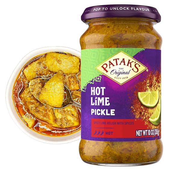 Pataks Hot Lime Pickle - Authentic Indian Relish w/Lime Dices, Mustard Seeds & Aromatic Spices - Perfect for Sandwiches, Curries, Salads & Cold Meats - Vegan Spicy Pickle - 10oz Jar (Pack of 1)