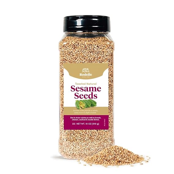 Rodelle Toasted Natural Sesame Seeds, No Artificial Flavors, Kosher, 18 Oz | Nutty toasted sesame seeds for salads, stir-fries, baking and garnish, no artificial flavors, kosher