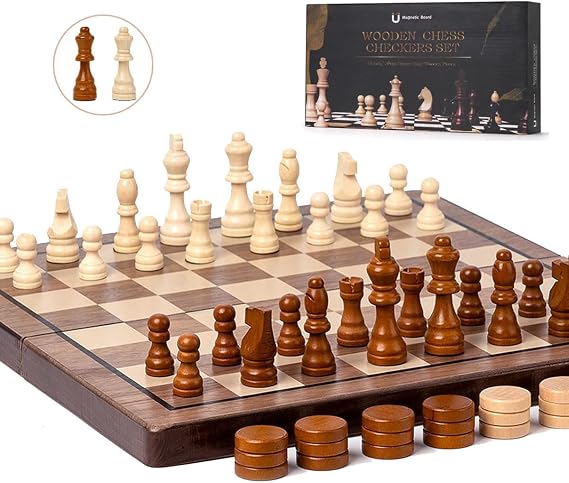 Chess Set 15'' Wooden Magnetic Folding Chess Board, Walnut Color