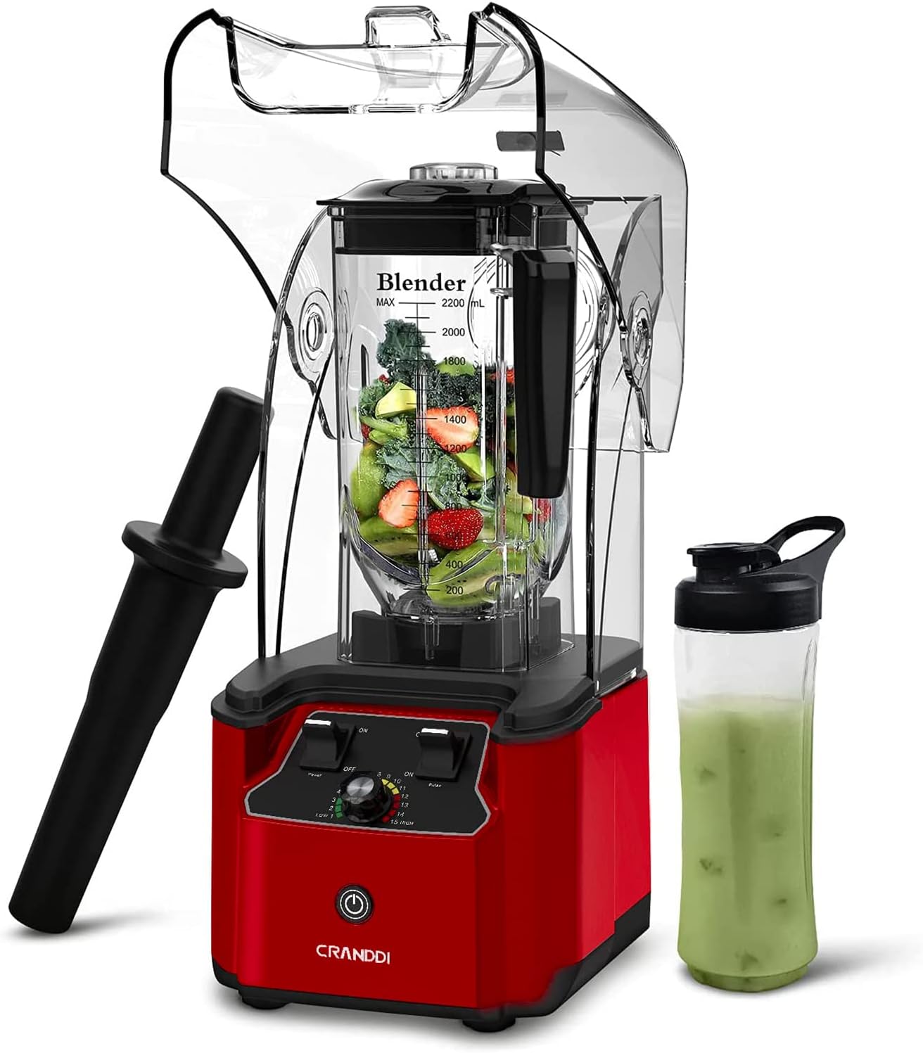 CRANDDI Commercial Quiet Blender, 2200 Watt Professional Countertop Blender with BPA-FREE 80oz Pitcher, Built-in Pulse & 15-speeds Control, Smoothie Blender for Commercial and Home, K90 Red