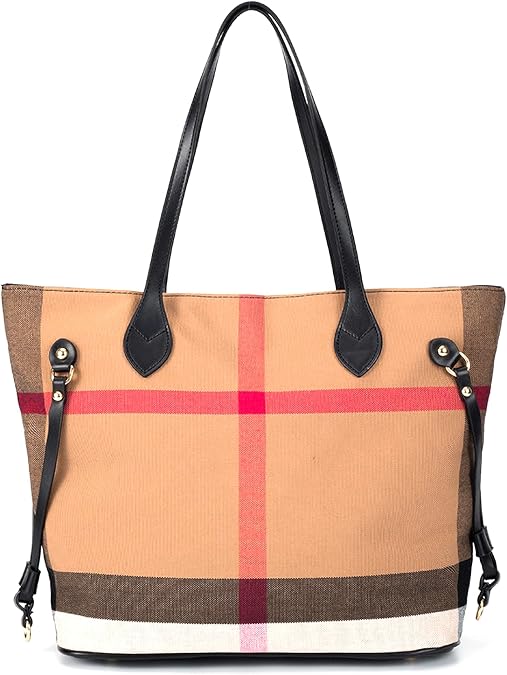 Spacious Large Capacity Luxury Women's Chequered Cross-Body Bag Canvas and Faux Leather Commuter Travel Tote