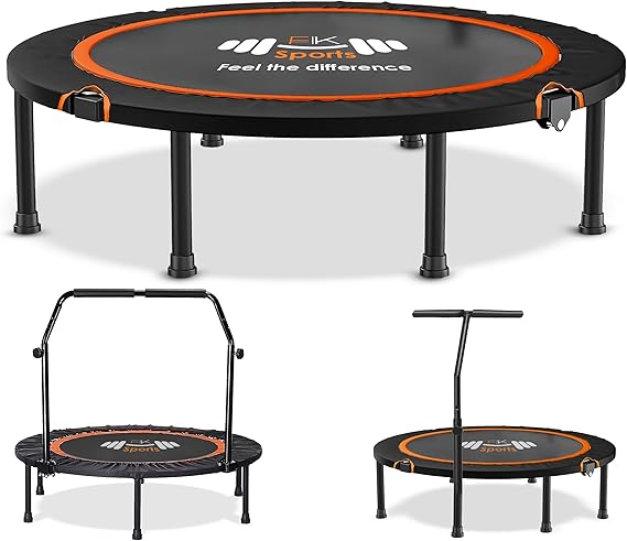 FK Sports Foldable Fitness Mini Trampoline Rebounder, 48" and 40" Foldable Mini Trampolines with T or U Bar Handle for Adults & Kids – Indoor Cardio Workout Rebounder for Home Fitness Exercise