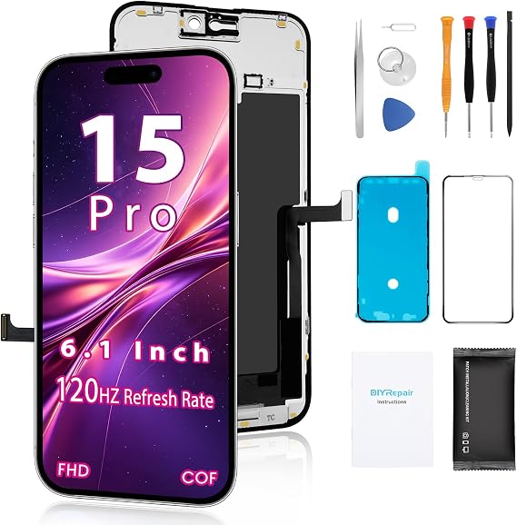 for iPhone 15 Pro Screen Replacement 6.1', 3D Touch Display Full Repair kit, Digitizer Assembly with Tools Set, Tempered Glass, Instruction
