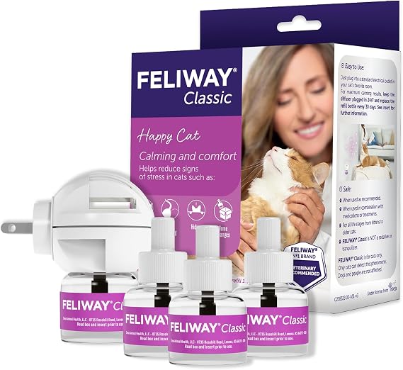 FELIWAY Classic Cat Calming Diffuser Kit and 3 Pack Refill Helps Reduce StressRelated Behaviors Like Urine Spraying, Scratching, and Hiding 30Day Cat Pheromone Plug in Diffuser