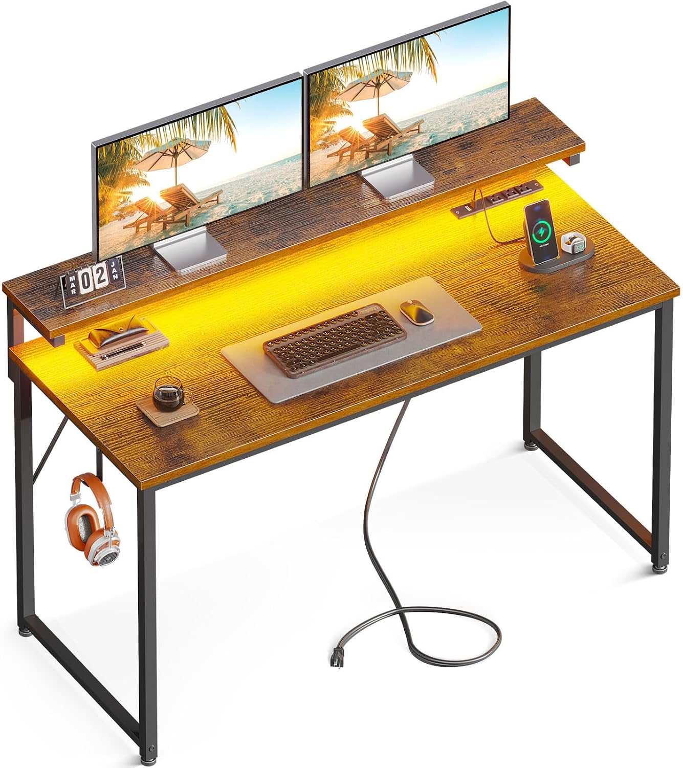 AODK Computer Desk, 48 Inch Gaming Desk with LED Lights and Power Outlet, Office Desk with Adjustable Monitor Shelf 3 Heights, Computer Table Work Desk for HomeBedroom, Rustic Brown