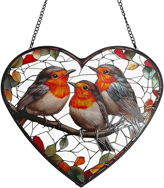 Birds Stained Glass Window Hanging, Sun Catchers Indoor Outdoor Window Hanging, Heart Suncatcher 7.9 Inch Glass Panel with Metal Chain and Hooks, Bird Decor for Home, Garden